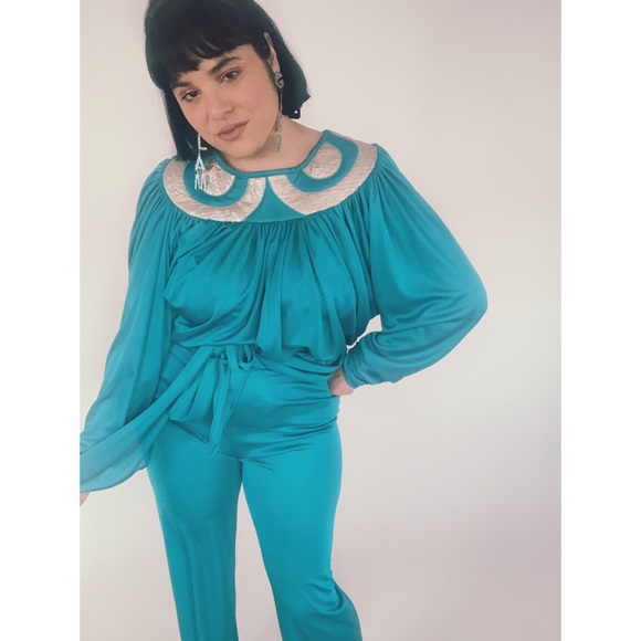 Vintage 60s Space age Teal Silver Pant Blouse Set - Picture 2 of 8